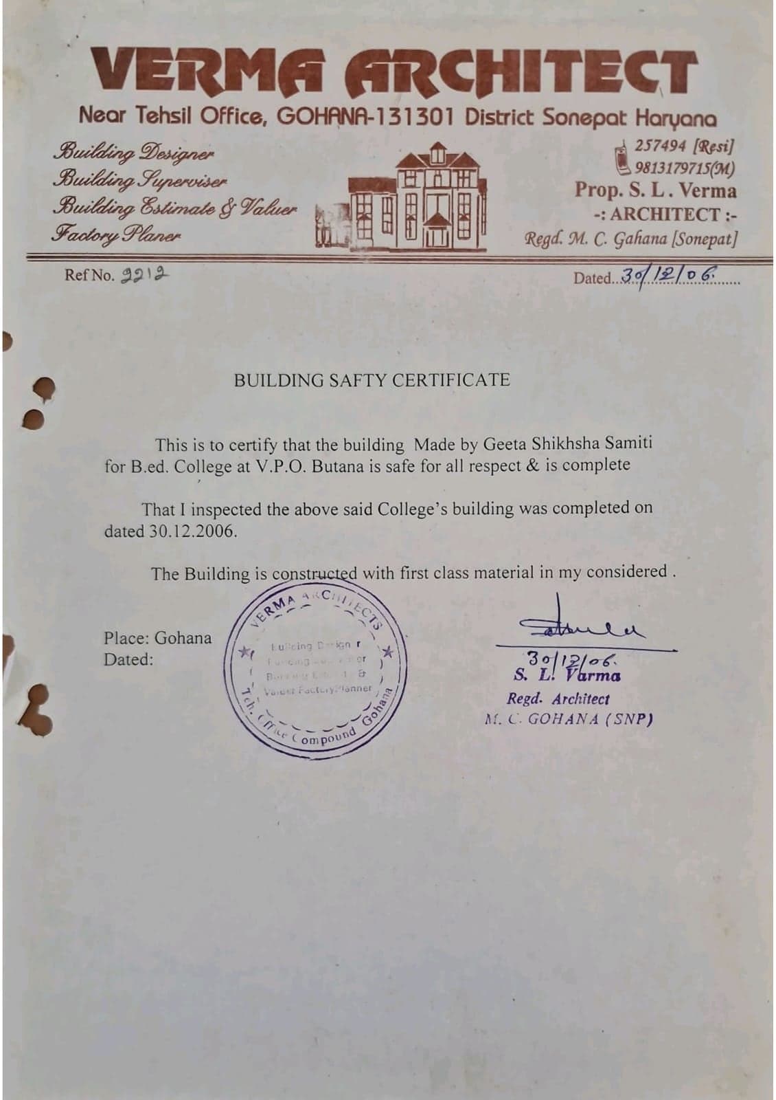 Building Safety Certificate from Verma Architect, dated 30 December 2006